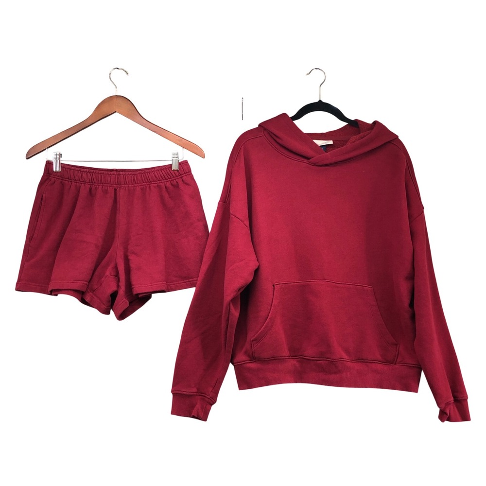 Universal Thread Hoodie Shorts Set Womens Small Large Burgundy Fleece Loungewear